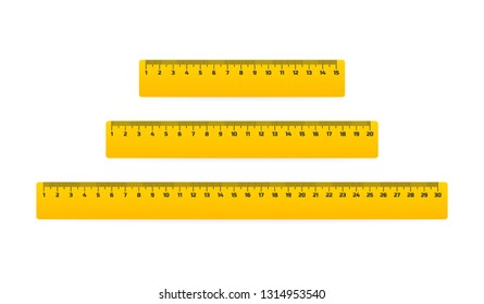 Realistic various shiny metal rulers with measurement scale and