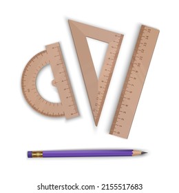 Set of wooden rulers and a pencil in a realistic style vector format