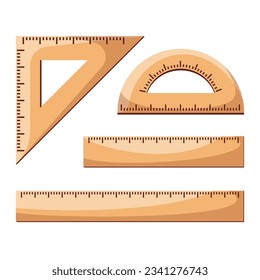 Set of wooden rulers. Triangular ruler, protractor. Back to school. Vector illustration.