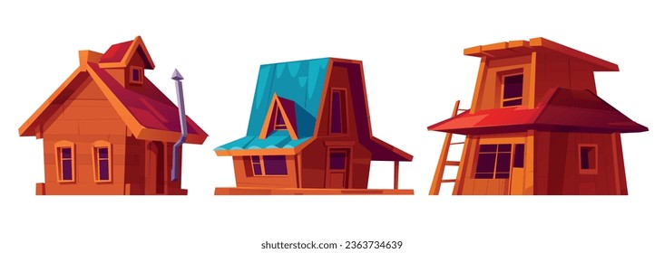 Set of wooden rural houses isolated on white background. Vector cartoon illustration of small countryside cottages with windows, porches, chimneys on roof and doors, old village street design elements