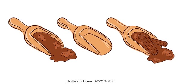 Set of wooden scoop with ground cinnamon powder and stick in flat style isolated on white background. Perfect for spice packaging, food blog and cooking design.