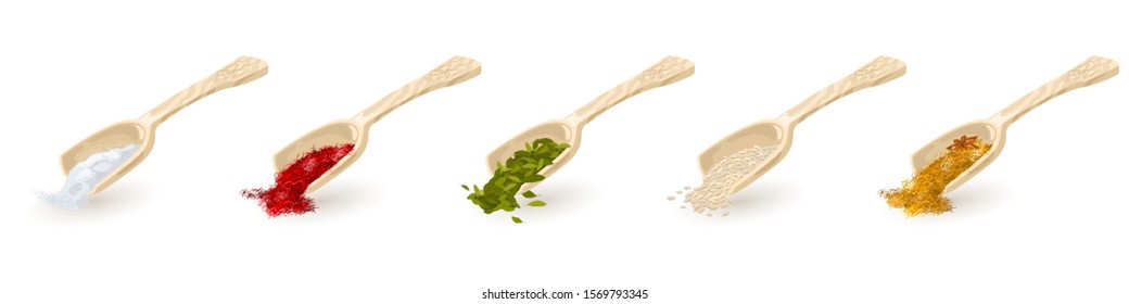 Set of wooden scoops with red, green, yellow spices, seasonings indian mixture with anis stars, sesame, coriander, fenugreek seeds, cardamom, saffron, salt. Vector collection isolated on white.