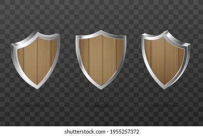 Set of wooden security shields templates realistic vector illustration isolated.