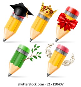 Set of wooden sharpened pencils in different images isolated on white background. Detailed vector illustration.