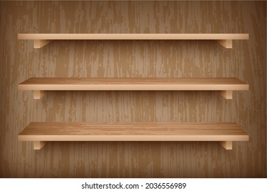 Set of wooden shelves on wall. Realistic bookshelves with wood texture. Grocery racks with brown wooden background.