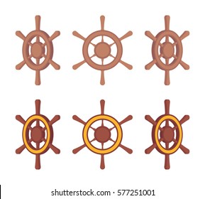 Set of wooden ship steering wheels for water vessel in different sides isolated against white background, device for boat, decoration navy element, leadership and new course in business navigation