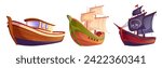 Set of wooden ships isolated on white background. Vector cartoon illustration of fishing boat, vintage sailboat, pirate vessel with jolly roger skull on black sail, adventure voyage, water transport