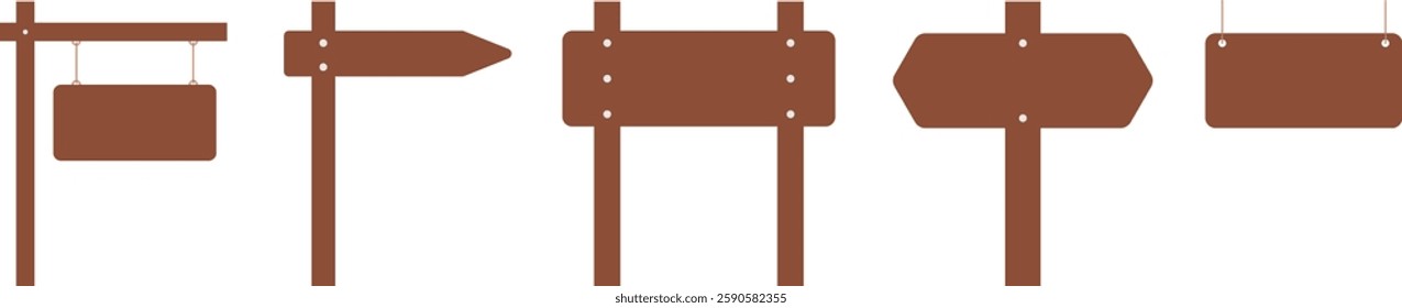 Set of wooden sign board or plank. Rustic wooden panel, rectangular, arrow-shaped, hung with rope and decorated with nails on a white background. Vector illustration