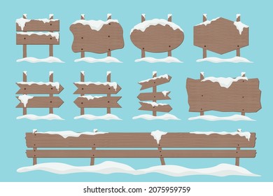 Set Of Wooden Sign And Empty Wooden Board, Snow Vector Illustration