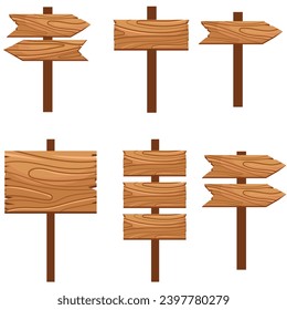 Set of wooden sign post vector illustration. Signpost for pointing direction