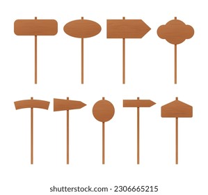 Set of wooden sign posts. Rustic board, plank with place. Wood sign old road planks set.
