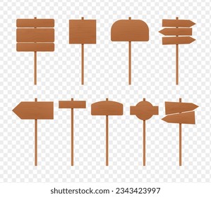 Set of wooden sign posts. Rustic board, plank with place. Wood sign old road planks set.