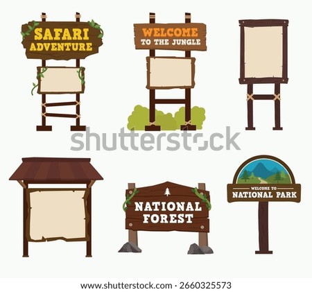 Set of wooden signage flat vector, wooden signage collection, jungle, forest, park signage design