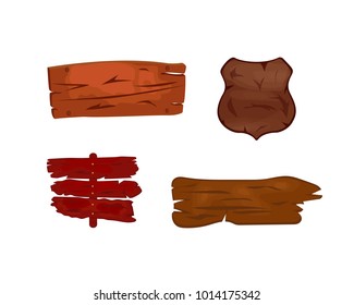Set of wooden signage, various forms, advertising posters for sale and advertising. Wooden antique plaque board, pointer, arrow with nails and ropes. Information banner. Vector illustration isolated.