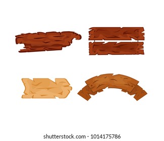Set of wooden signage, various forms, advertising posters for sale and advertising. Wooden antique plaque board, pointer, arrow with nails and ropes. Information banner. Vector illustration isolated.
