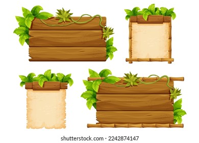 Set wooden signboard, bamboo frame parchment decorated with jungle palm leaves, liana in cartoon style isolated on white background. Jungle, tropical element, textured and detailed board.Ui game asset