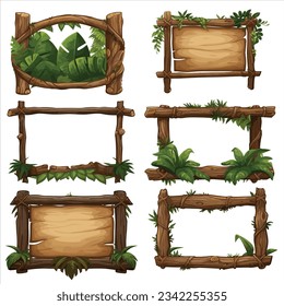 Set of wooden signboard bamboo frame parchment decorated with leaves and tree branches, game UI assets