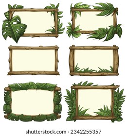 Set of wooden signboard bamboo frame parchment decorated with leaves and tree branches, game UI assets