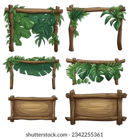 Set of wooden signboard bamboo frame parchment decorated with leaves and tree branches, game UI assets