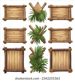 Set of wooden signboard bamboo frame parchment decorated with leaves and tree branches, game UI assets