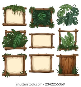 Set of wooden signboard bamboo frame parchment decorated with leaves and tree branches, game UI assets