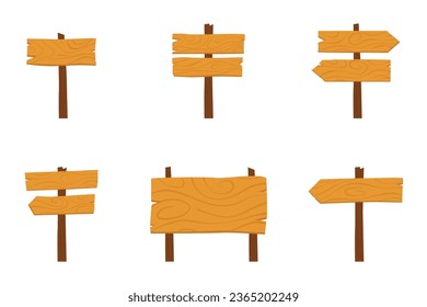 Set wooden signboard in flat design. road direction signboards and arrow pointers, guideposts and billboard poles