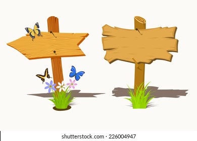 Set of Wooden signboard with flowers and butterflies. Vector illustration