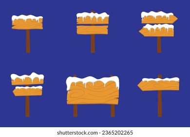 Set wooden signboard with snow in flat design. road direction signboards and arrow pointers, guideposts and billboard poles with snow caps, ice and icicles