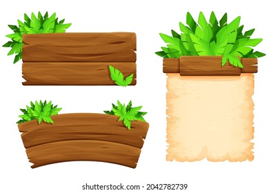 Set wooden signboard with tropical leaves in cartoon style, empty jungle signpost isolated on white background. Ui game asset, exotic decoration.