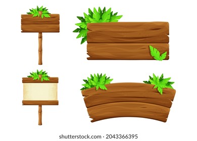 Set Wooden Signboard With Tropical Leaves In Cartoon Style, Empty Jungle Signpost Isolated On White Background. Ui Game Asset, Exotic Decoration.