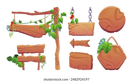 Set of wooden signboards decorated with tropical plants isolated on white background. Vector cartoon illustration of round, rectangular, hexagonal plaques, arrow sign with green vines and flowers