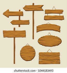 Set of wooden signboards and direction arrows. Blank advertising billboards made out of wood. Signs with place for messages. Detailed vector elements