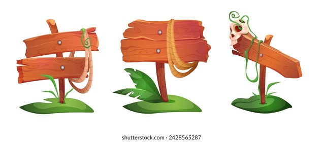 Set of wooden signboards isolated on white background. Vector cartoon illustration of old direction boards, rustic nameplates with rope, green plant leaves, human skull, adventure game ui elements