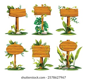 Set of wooden signboards wrapped with vines and surrounded by tropical leaves. Vector cartoon illustration