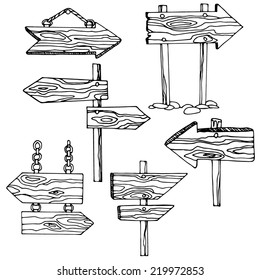 Set of wooden signposts. Hand-drawn design elements.