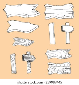 Set of wooden signposts. Hand-drawn Doodle. Vector illustration