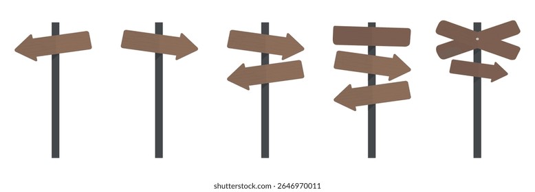 Set of wooden signposts with multiple arrows. Wooden arrows point in various directions. Rustic signposts with directional arrows. Isolated illustration elements, vector set.