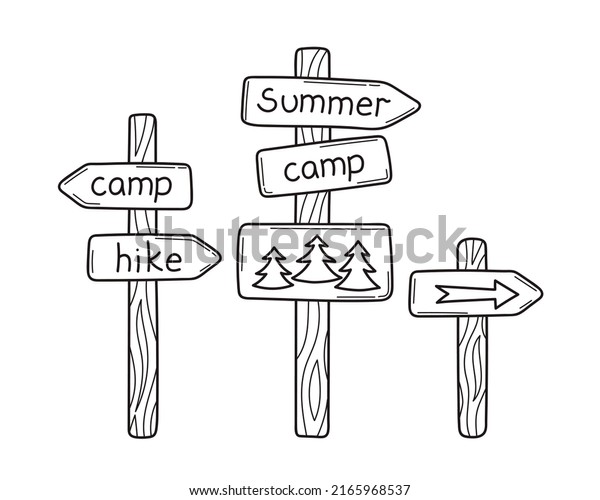 Set of wooden signposts on a\
tourist route in doodle hand drawn. Way sign to summer camp, hiking\
trail.  Guidepost with arrow.  Sketch isolated vector\
illustration