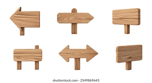 Set of wooden signposts png. Cartoon wooden arrows, signboards. Various rectangular signs and signs with arrows right, left. Wooden board template.