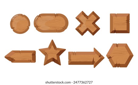 Set of wooden signs in cartoon style. Vector illustration of beautiful symbols of different shapes: circle, oval, cross, square, left and right arrows, star, hexagon isolated on white background.