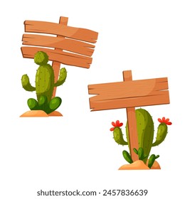 Set of wooden signs in flat style. Template for text. Wooden board for inscriptions with a blooming cactus.