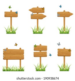 Set of wooden signs in a grass with butterflies isolated on white background, illustration.