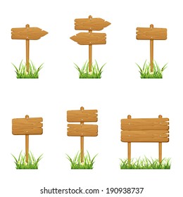 Set of wooden signs in a grass isolated on white background, illustration.