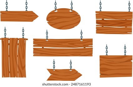 Set of wooden signs on chains, banners made of wood . Stock vector illustration