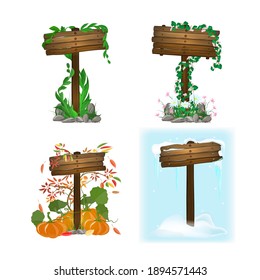 A set of wooden signs with seasonal attributes time of year. Summer, autumn, spring and winter signage. Vector illustration in cartoon style, isolated on a white background.