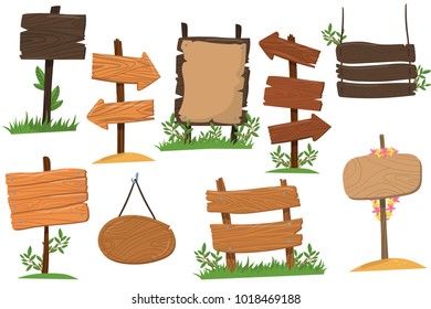 Set of wooden signs of various forms, tablets indicating index arrowhead way cartoon vector Illustrations isolated