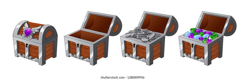 Set of wooden silver chests with coins and diamonds for the game UI. Vector cartoon illustration on white background. Closed, full, empty chest.