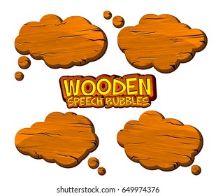 Set of wooden speech bubbles and dialog balloons in comic book style. Cartoon wood banners with place for text can be used for game design, ui development, and web banners