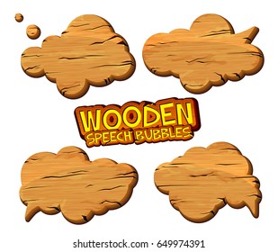 Set of wooden speech bubbles and dialog balloons in comic book style. Cartoon wood banners with place for text can be used for game design, ui development, and web banners