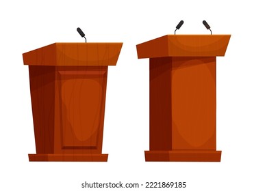 Set Wooden speech tribune, orator podium con micrófono al estilo de las caricaturas aislado sobre fondo blanco.